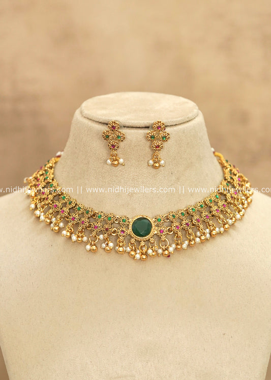 Traditional Floral Lattice Kemp & Pearl Choker Set – Hansika
