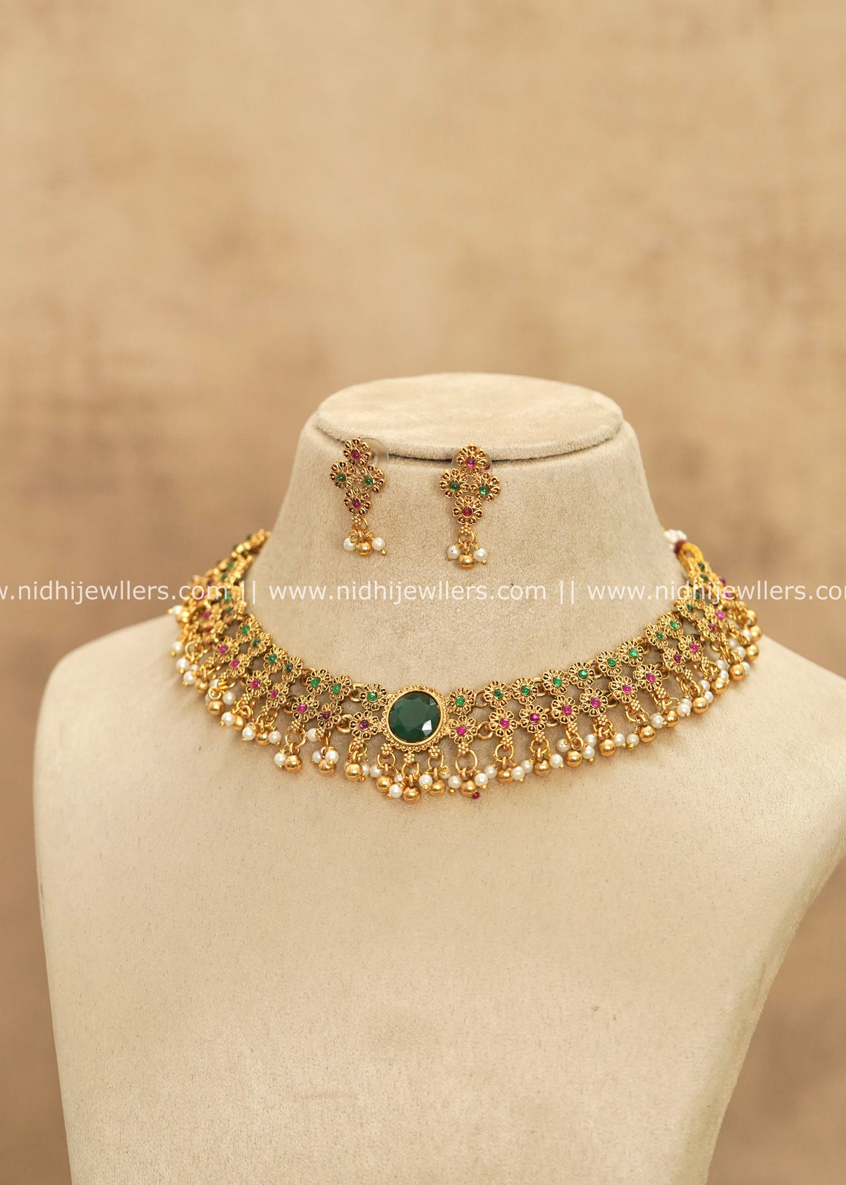 Traditional Floral Lattice Kemp & Pearl Choker Set – Hansika