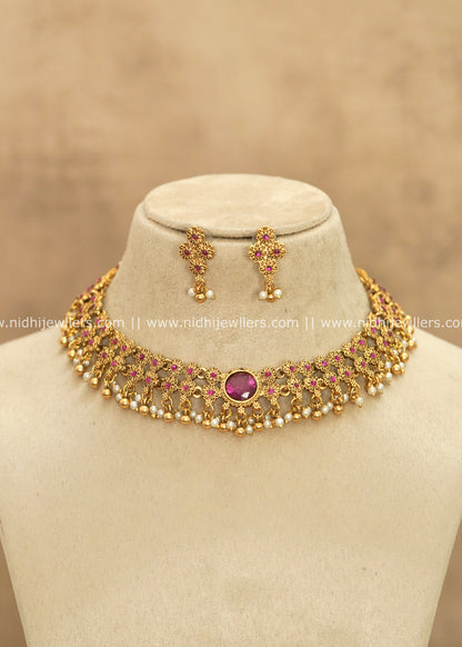Traditional Floral Lattice Kemp & Pearl Choker Set – Hansika