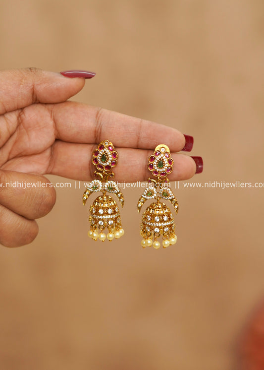 Antique Floral Rosette & Peacock CZ Jhumka Earrings – Ranjini