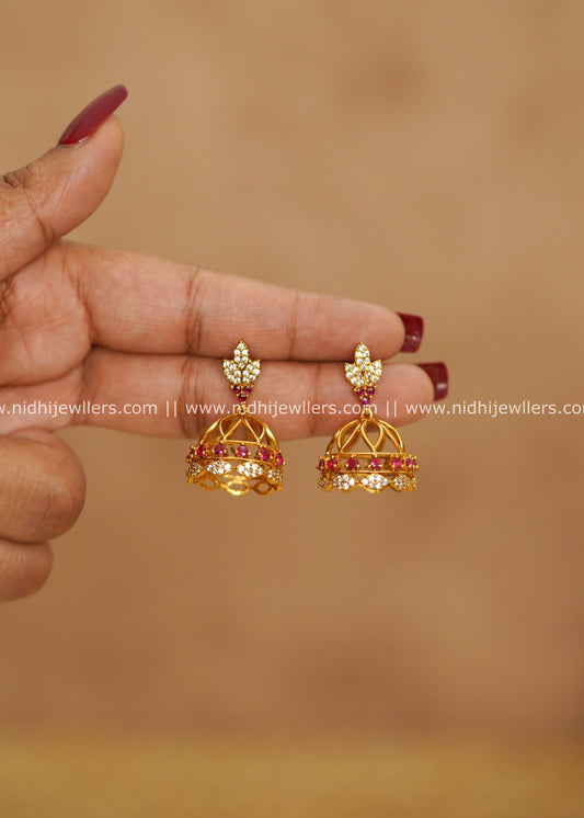 Delicate Leaf Top Openwork CZ & Ruby Kemp Jhumka Earrings – Tessy