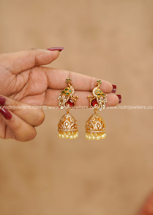 Antique Sculpted Peacock CZ & Kemp Jhumka Earrings – Nalini