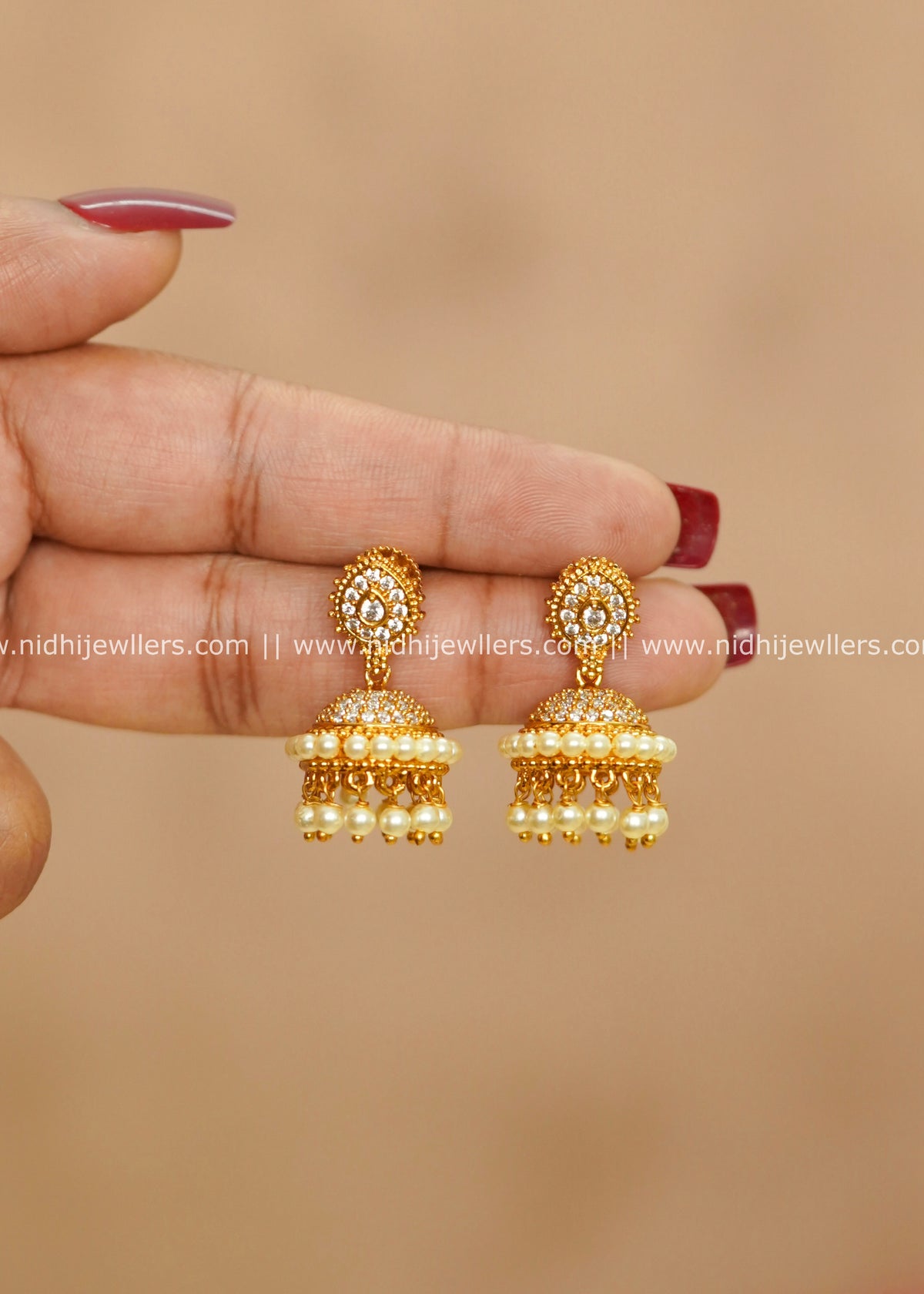 Delicate Pave CZ Teardrop & Pearl Fringe Jhumka Earrings – Helen
