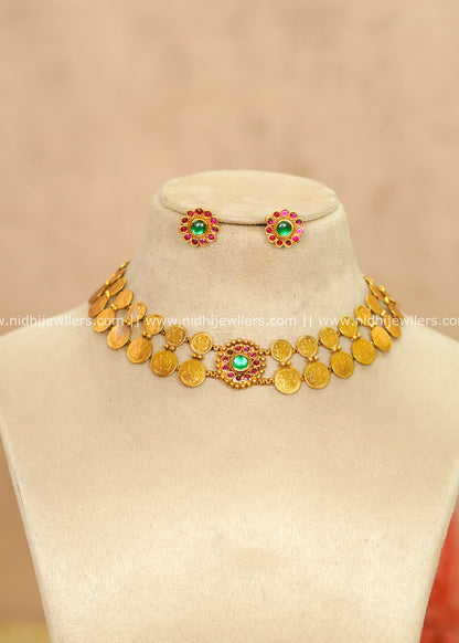 Traditional Antique Goddess Lakshmi Dual-Layer Kasu Choker Set – Dalia