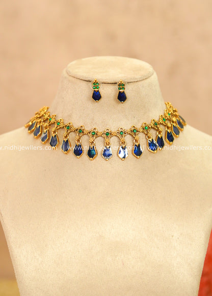 Traditional Kerala Royal Blue Enamel Nagapadam Short Necklace Set – Archana