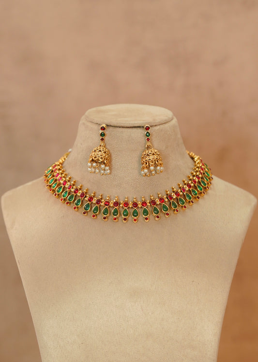 Traditional Kerala Green & Ruby Enamel Palakka Short Necklace Set – Ayana