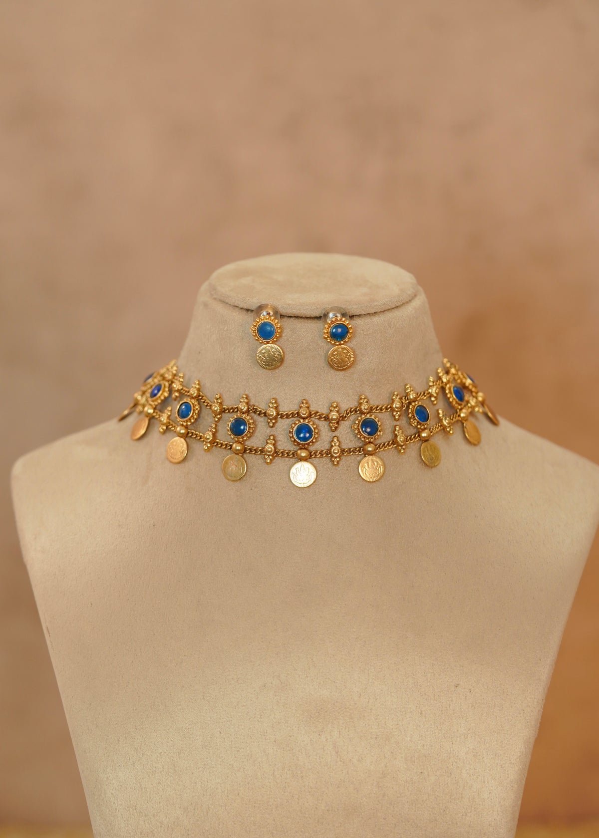 Intricate Antique Blue Enamel Kasu Choker Set – Dhanvi Blue
