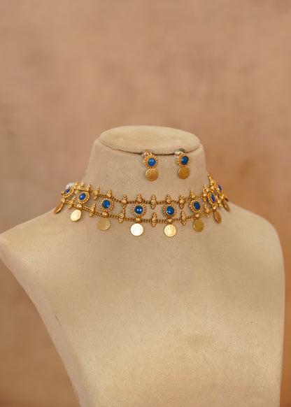 Intricate Antique Blue Enamel Kasu Choker Set – Dhanvi Blue