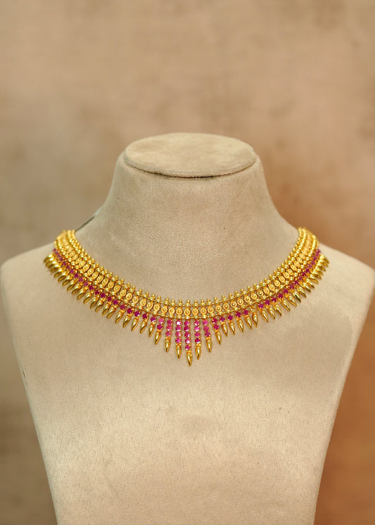 Traditional Gold Plated Tapered Mullamottu Ruby Kemp Necklace – Akriti