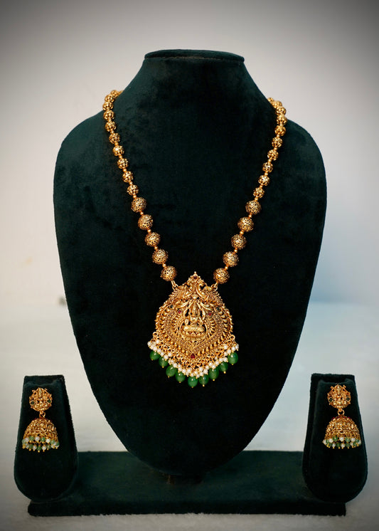 Premium Lakshmi haram with green Victorian beads