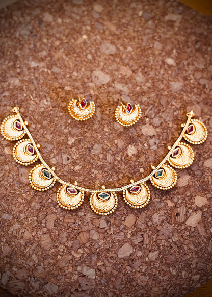 Traditional half moon Necklace -Green and Red