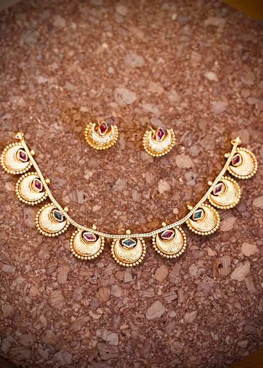 Traditional half moon Necklace -Green and Red