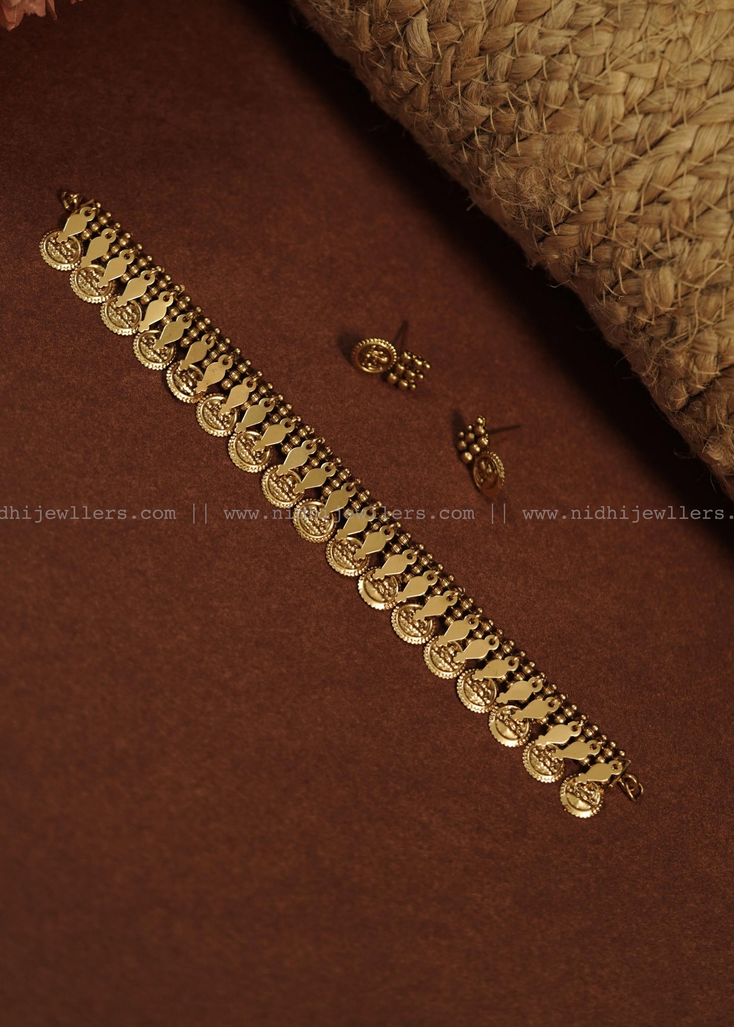 Antique Pure Gold-Tone Kasu Manga Fusion Choker Set (with Earrings)