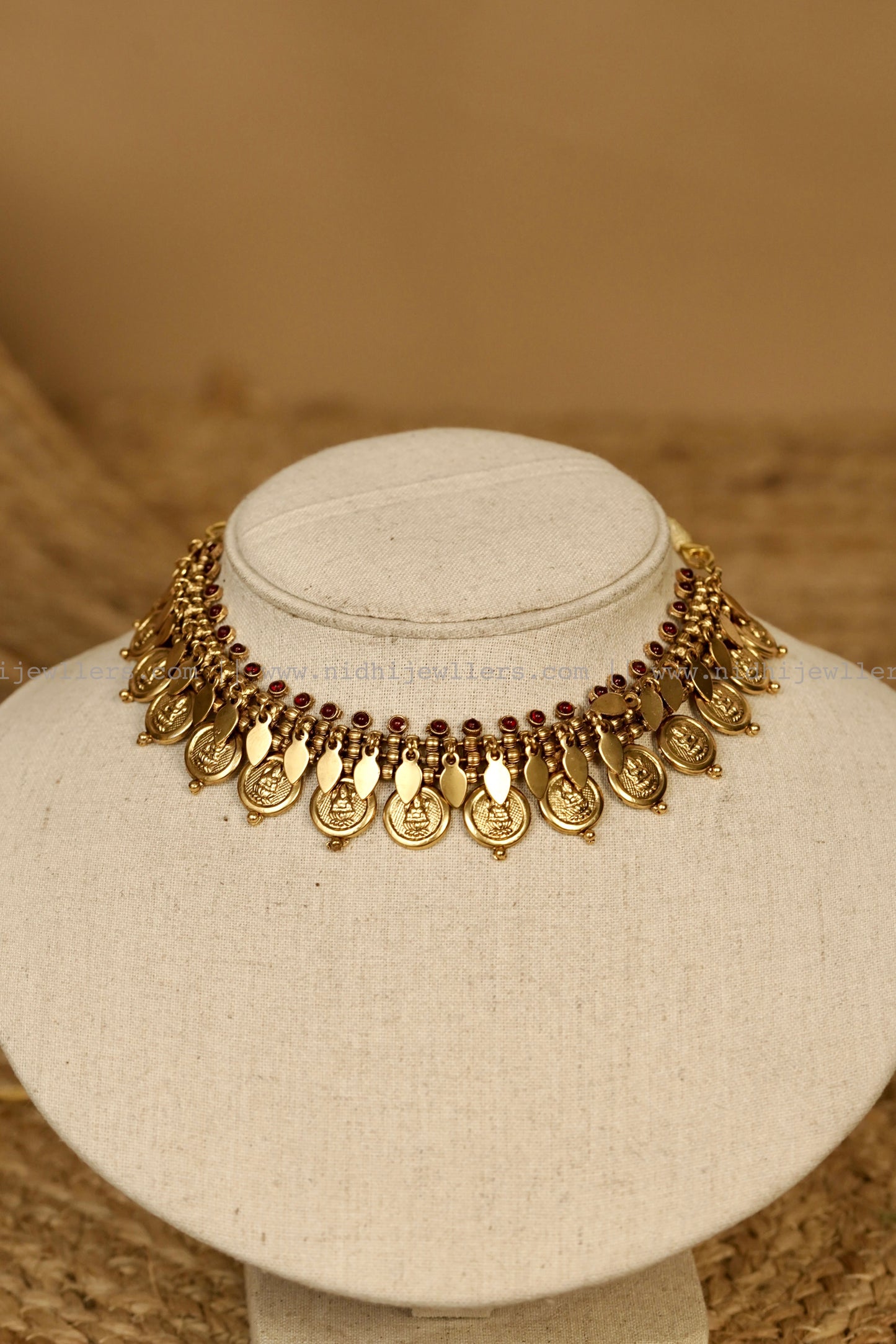 Antique Kasu Elakkathali Fusion Choker Set with Matching Coin Earrings- Ruby