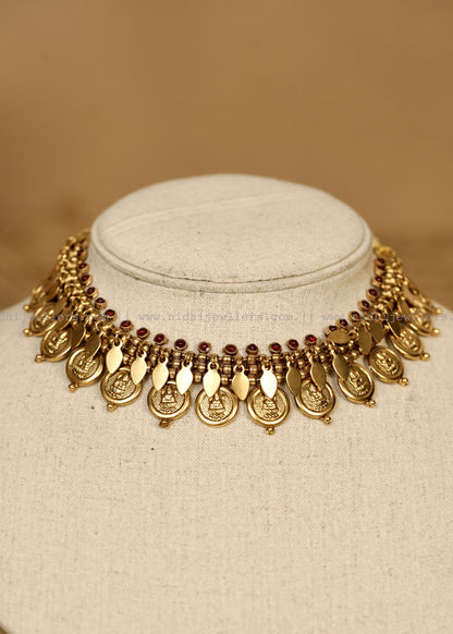 Antique Kasu Elakkathali Fusion Choker Set with Matching Coin Earrings- Ruby