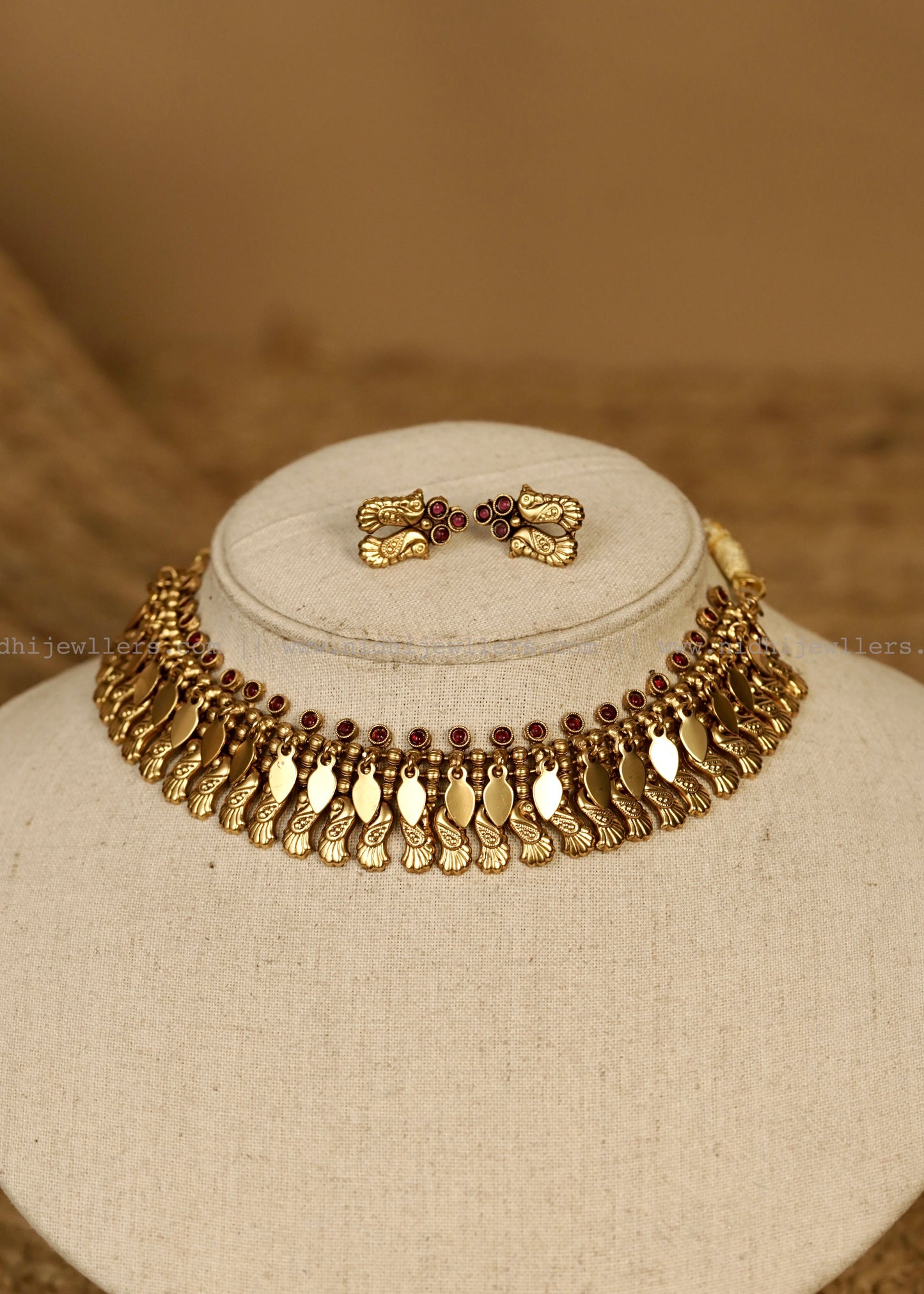 Antique Peacock Elakkathali Fusion Choker Set with Matching Earrings