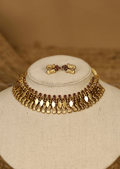 Antique Peacock Elakkathali Fusion Choker Set with Matching Earrings