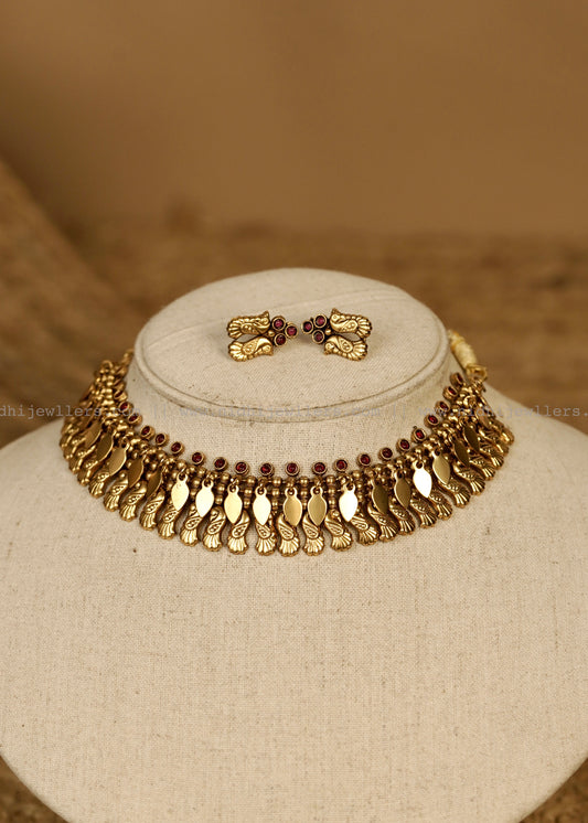 Antique Peacock Elakkathali Fusion Choker Set with Matching Earrings