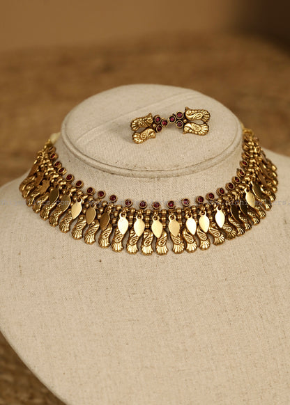 Antique Peacock Elakkathali Fusion Choker Set with Matching Earrings