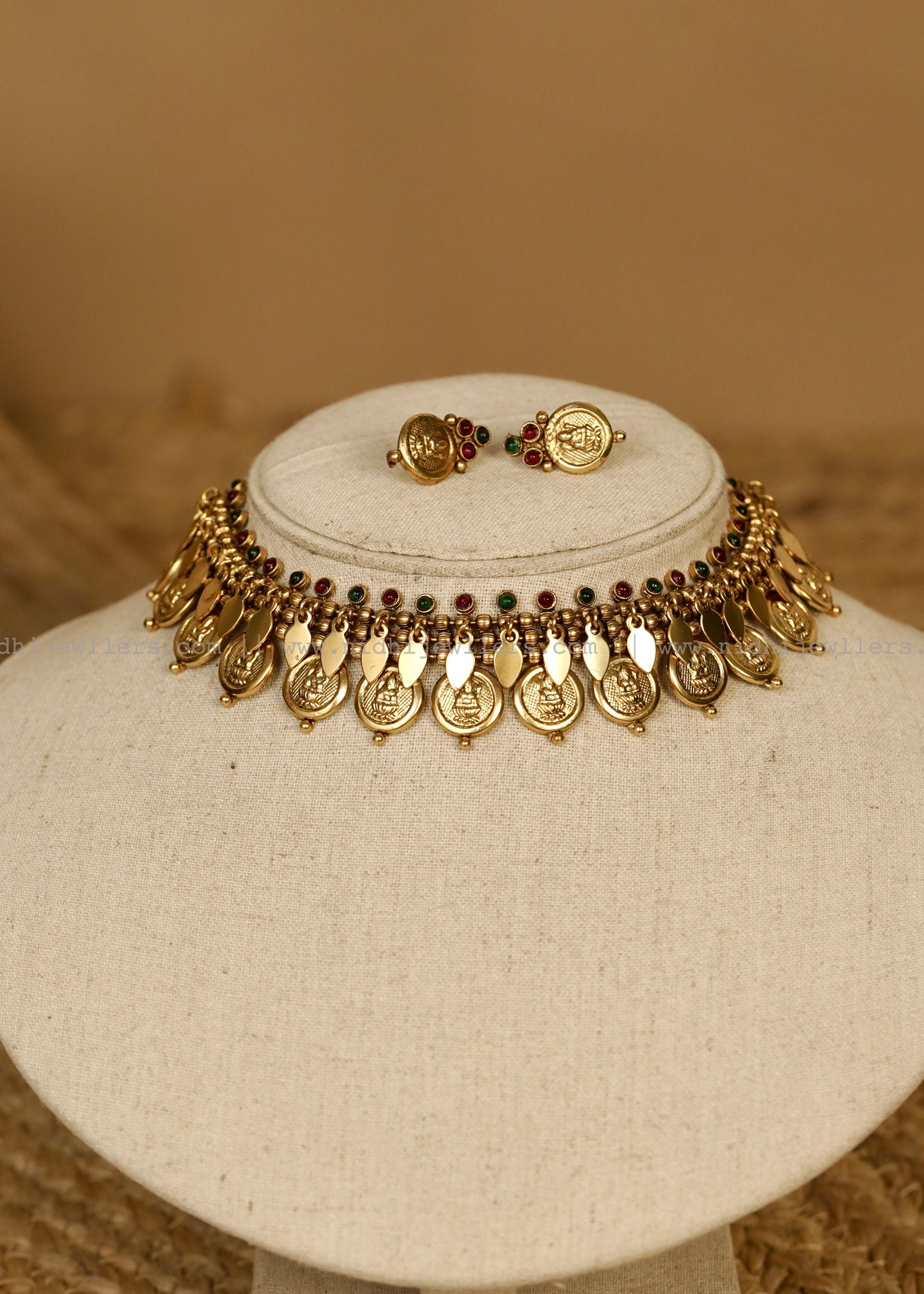 Antique Kasu Elakkathali Fusion Choker Set with Matching Coin Earrings- Multicolor