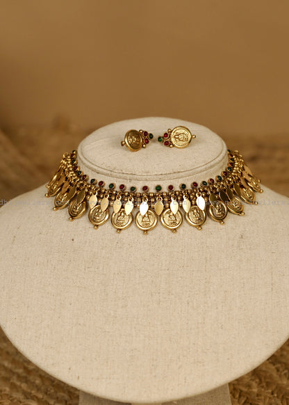 Antique Kasu Elakkathali Fusion Choker Set with Matching Coin Earrings- Multicolor