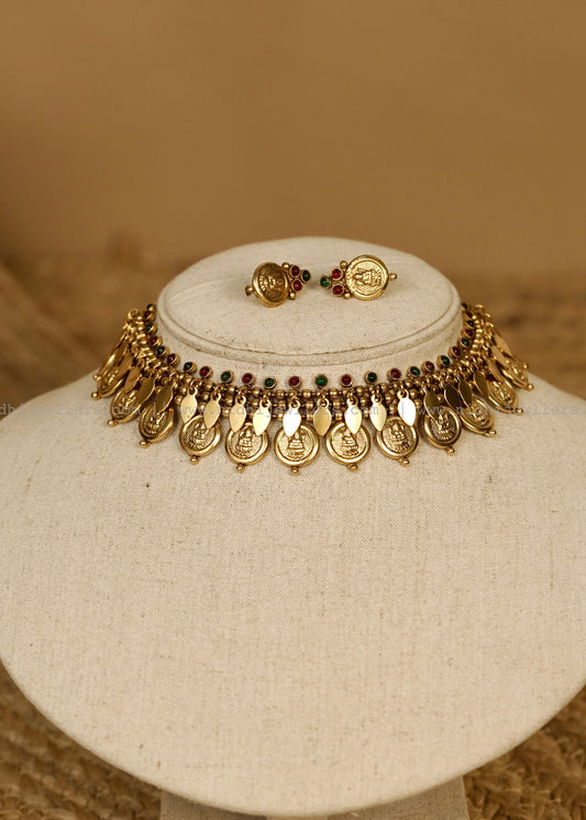 Antique Kasu Elakkathali Fusion Choker Set with Matching Coin Earrings- Multicolor