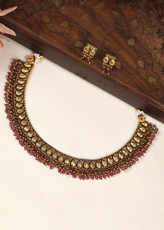 Antique Rice Motif Textured Choker Set with Dense Crystal Fringe