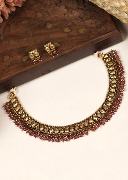 Antique Rice Motif Textured Choker Set with Dense Crystal Fringe