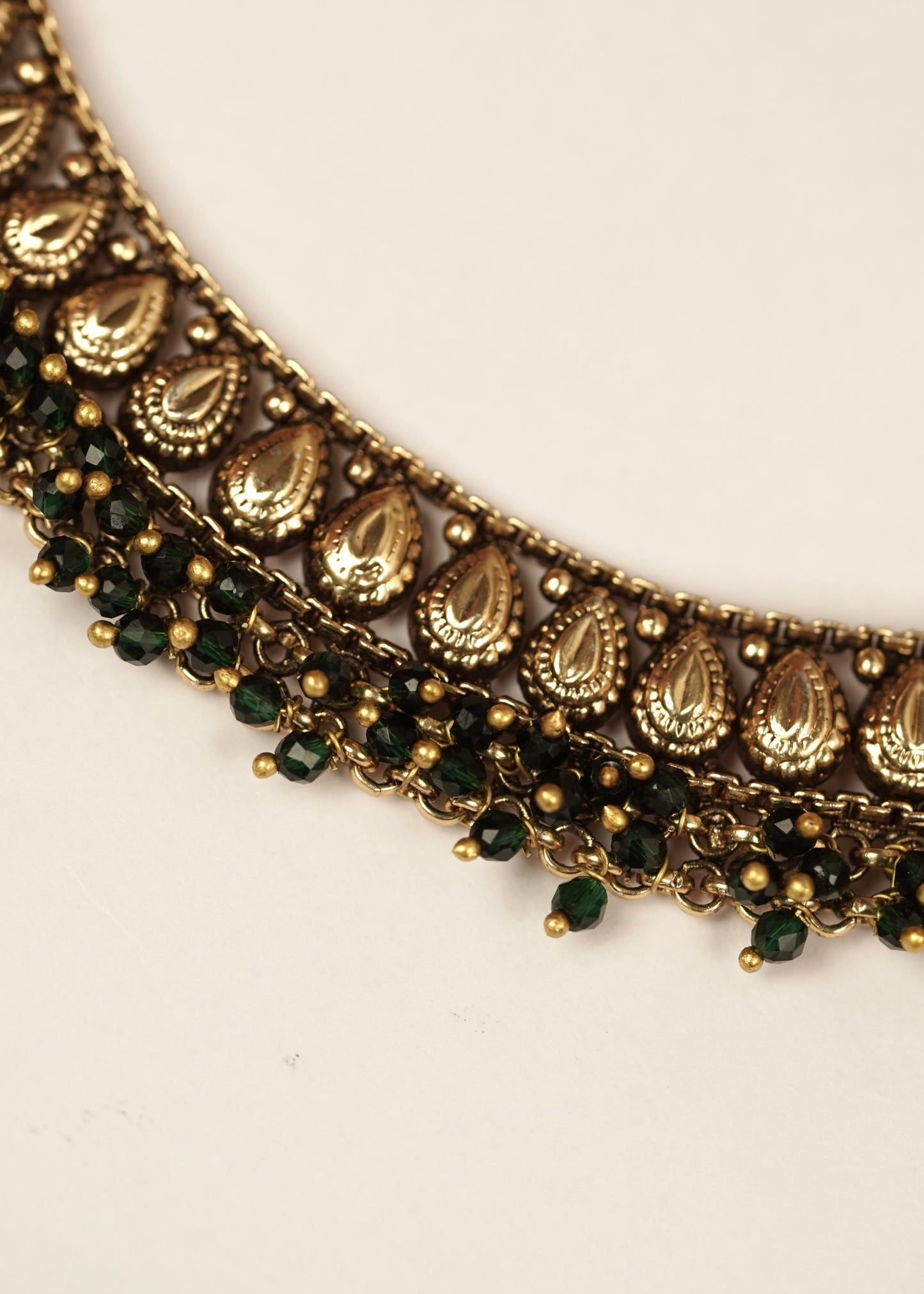 Antique Rice Motif Textured Choker Set with Dense Crystal Fringe