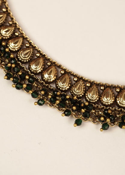 Antique Rice Motif Textured Choker Set with Dense Crystal Fringe
