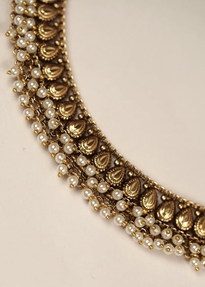 Antique Rice Motif Textured Choker Set with Dense Crystal Fringe