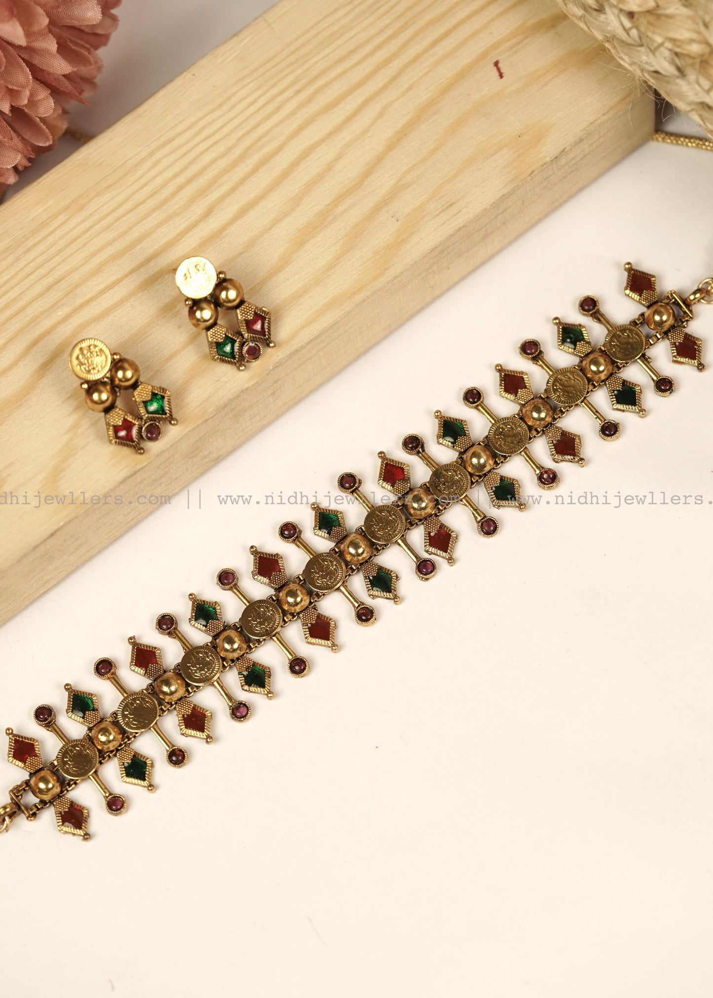 Antique Kasu Geometric Spike Choker Set with Matching Earring Studs- Kritika -Coin Choker