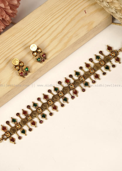 Antique Kasu Geometric Spike Choker Set with Matching Earring Studs- Kritika -Coin Choker