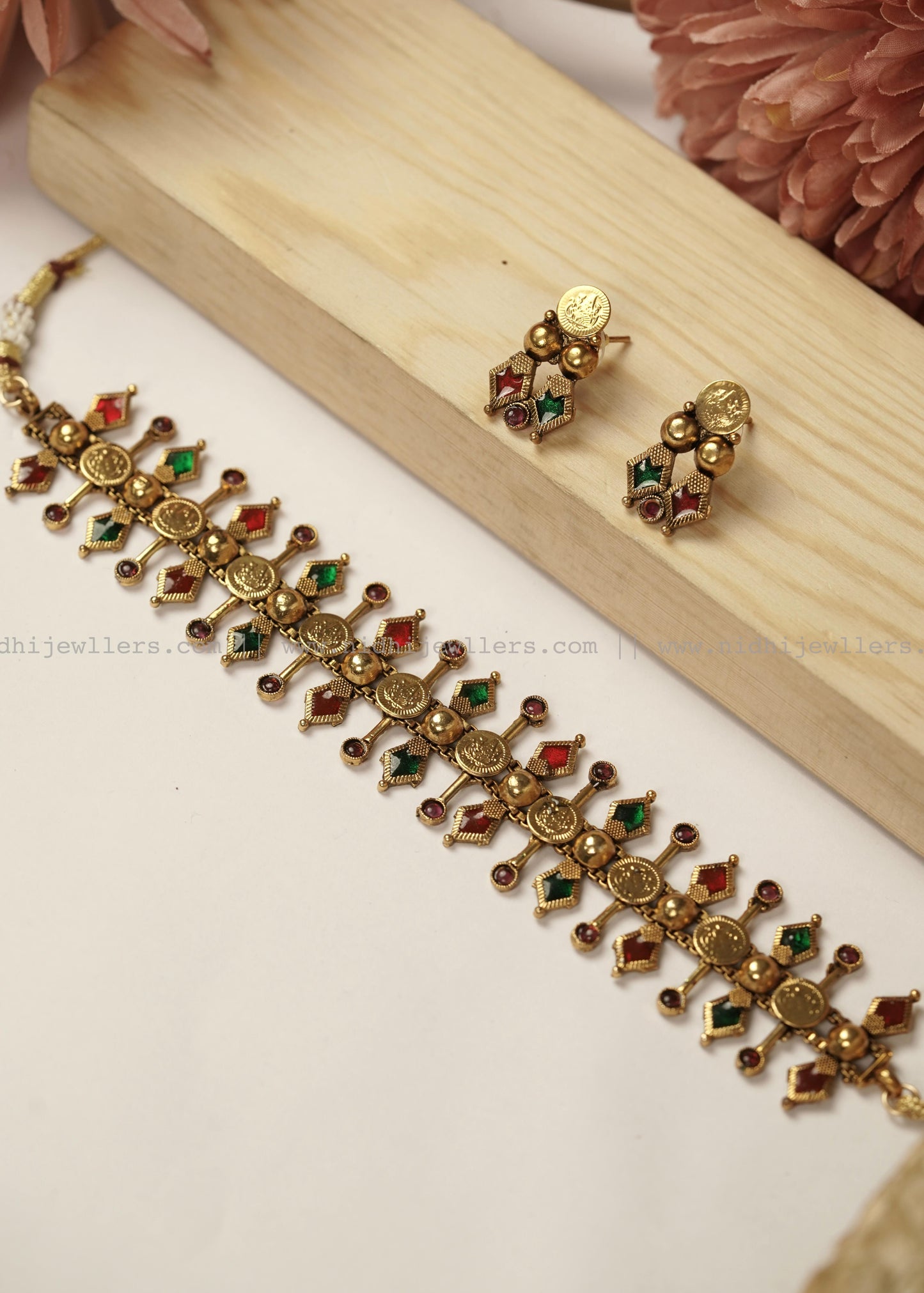 Antique Kasu Geometric Spike Choker Set with Matching Earring Studs- Kritika -Coin Choker