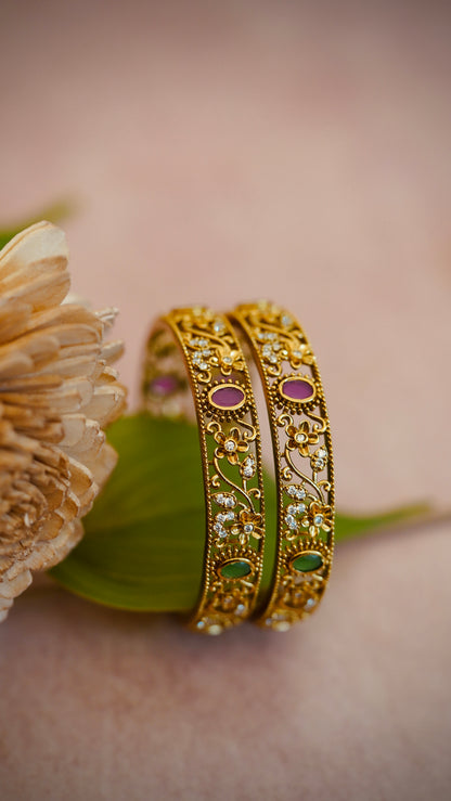 Premium Royal Garden Bangles – Intricate floral vines with red and green gem detailing.