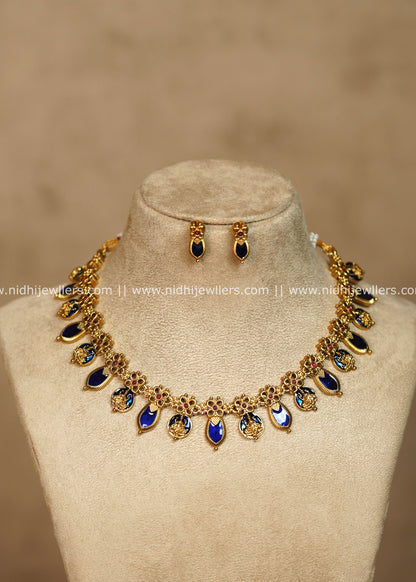 Royal Blue Palakka and Lakshmi Short Necklace Set - Yamuna