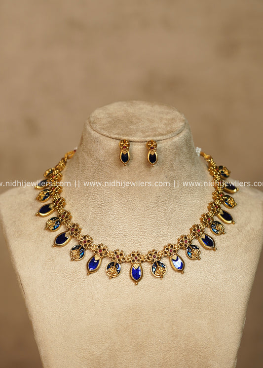 Royal Blue Palakka and Lakshmi Short Necklace Set - Yamuna