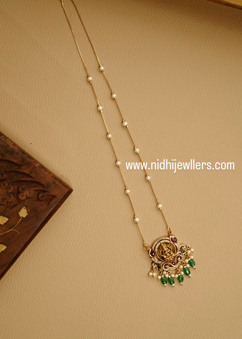 Real gold polished neckchain Lakshmi pendent with green beads