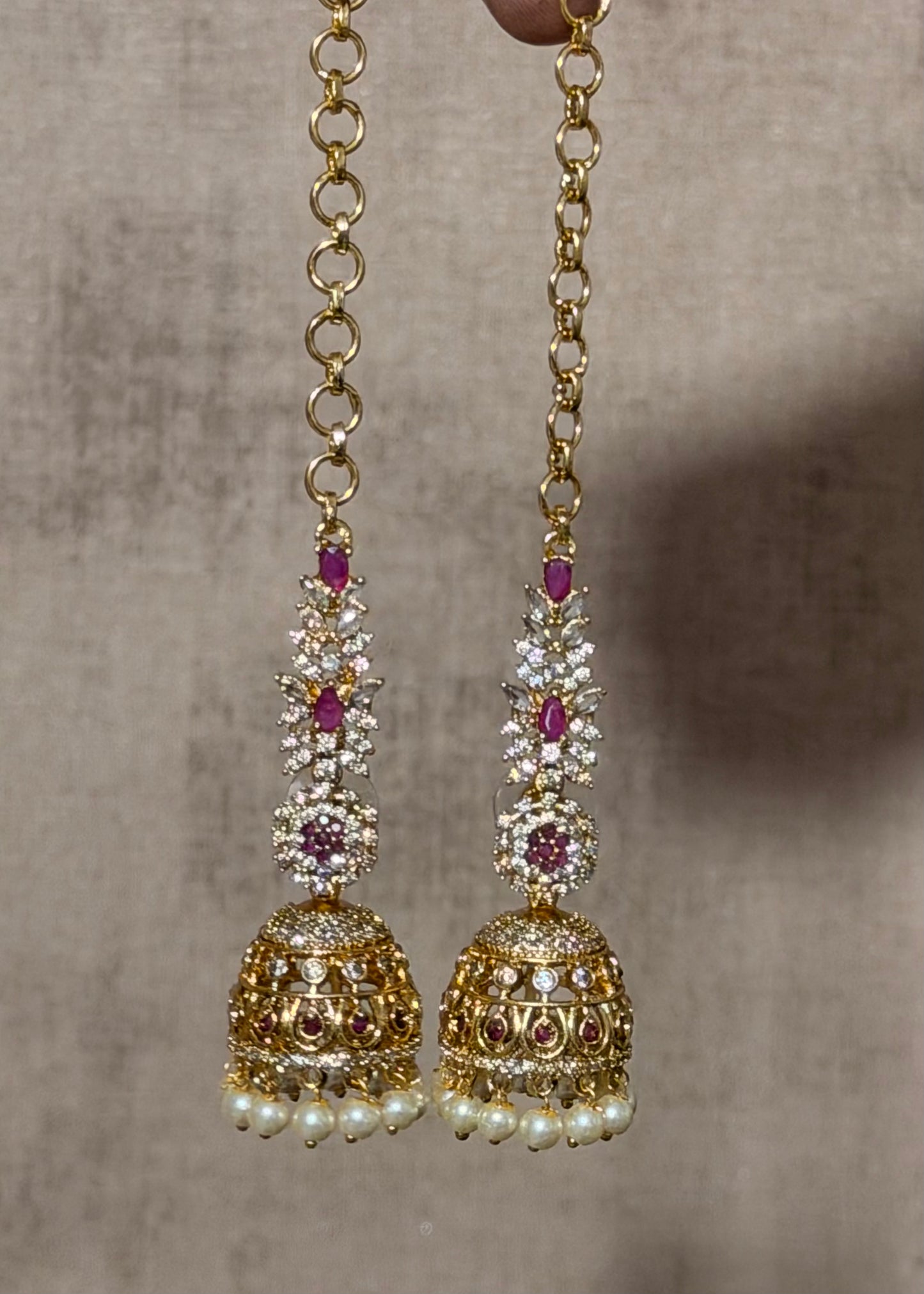 CZ & Ruby Floral Jhumka Earrings with Attached Matilu Hair Chains – Nithara
