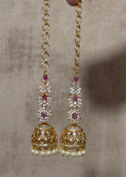 CZ & Ruby Floral Jhumka Earrings with Attached Matilu Hair Chains – Nithara