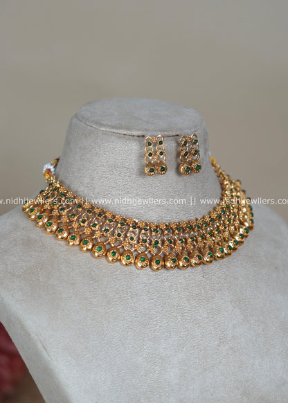 Antique Polished Emerald Lattice Choker Set with Mango Drops - Prisha