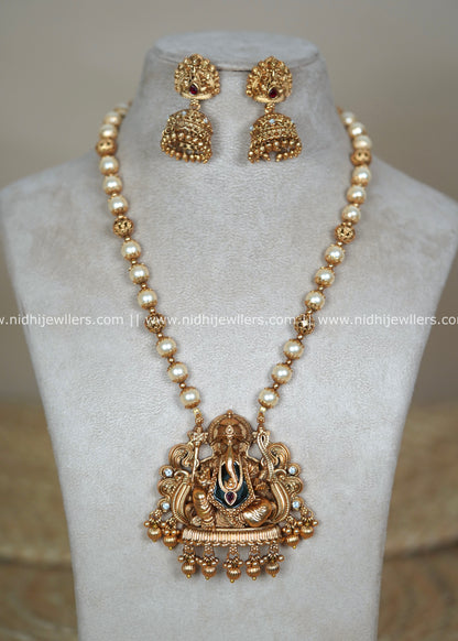Antique Matte Ganesha Temple Pendant Pearl Mala Set with Jhumkas