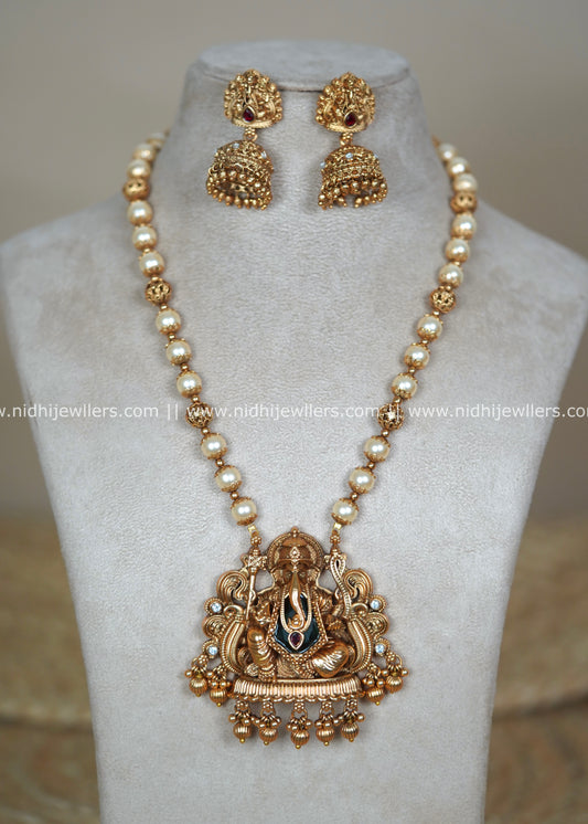 Antique Matte Ganesha Temple Pendant Pearl Mala Set with Jhumkas