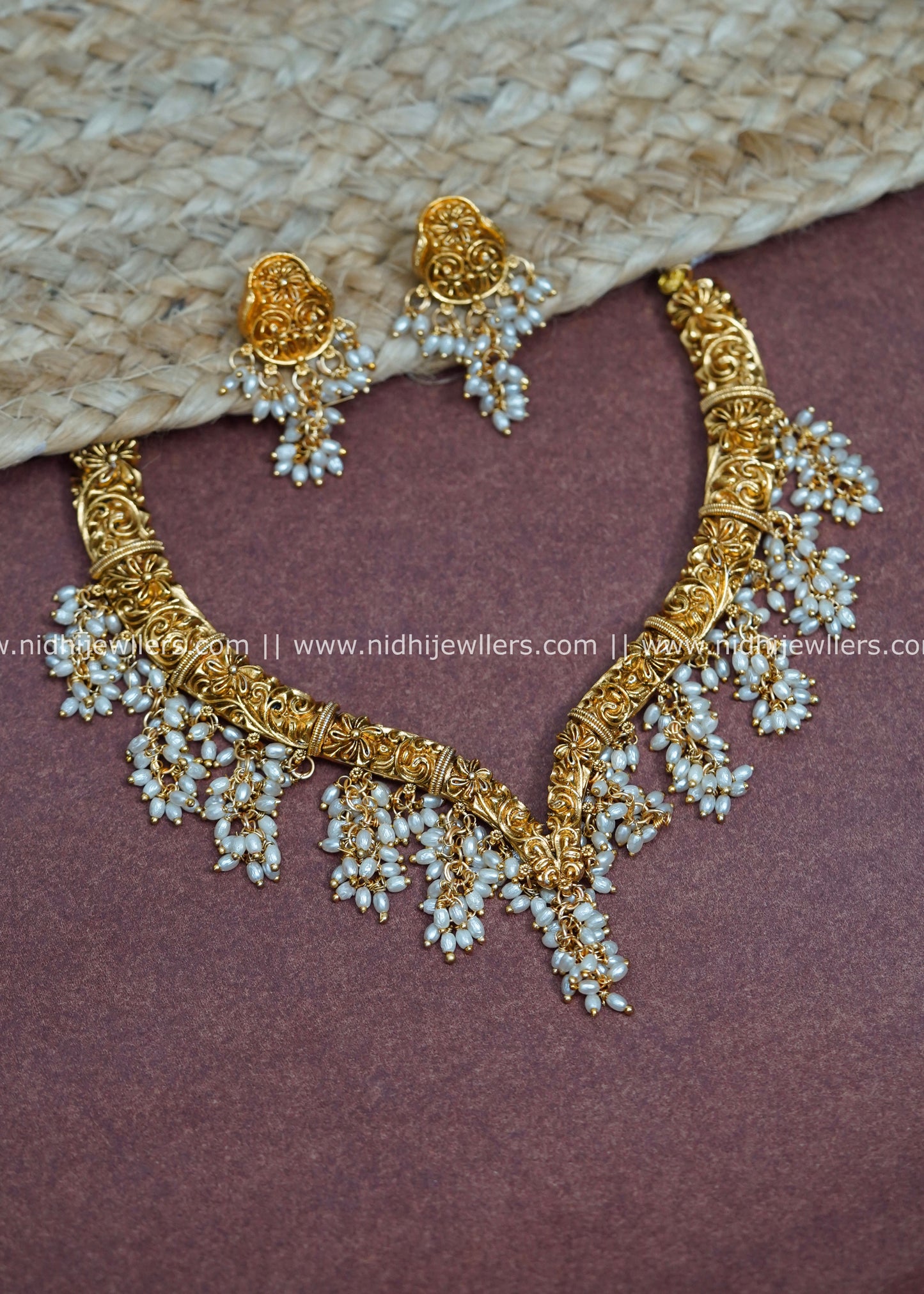 Antique Matte V-Shape Guttapusalu Pearl Cluster Necklace Set - Janaki