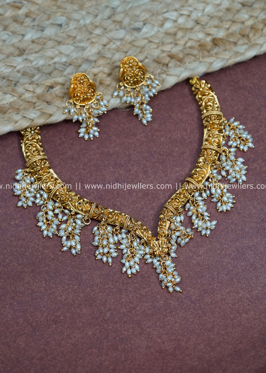 Antique Matte V-Shape Guttapusalu Pearl Cluster Necklace Set - Janaki