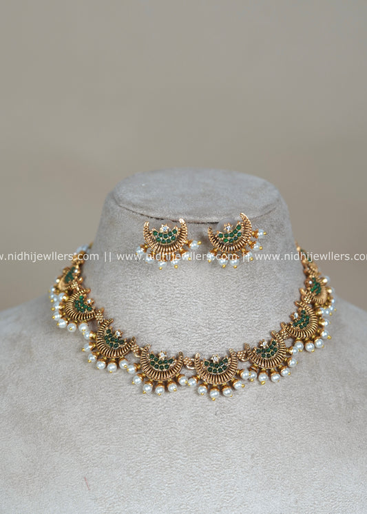 Chandbali Crescent Necklace Set with Emerald-Green Stones and Pearl Drops - Samaira