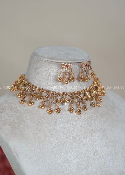 Antique Polished Openwork Lotus Filigree Fringe Choker Set - Meera