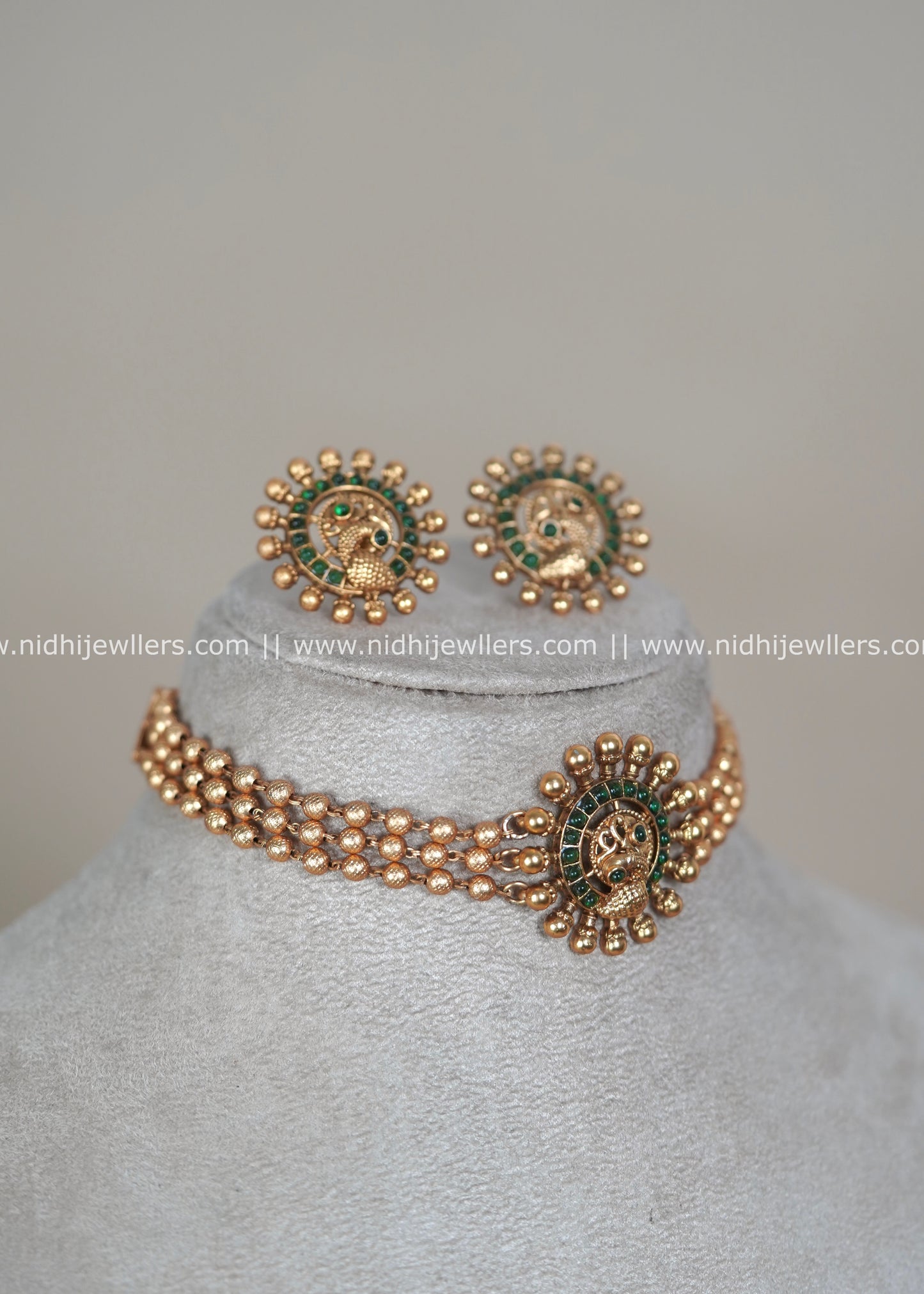 Antique Matte Three-Strand Bead Choker Set with Emerald Peacock Medallion - Ishani