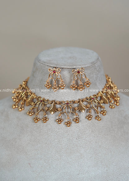 Antique Polished Openwork Lotus Filigree Fringe Choker Set - Meera
