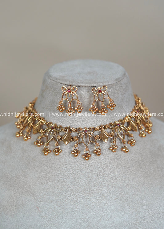 Antique Polished Openwork Lotus Filigree Fringe Choker Set - Meera